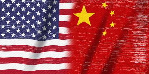 Distressed USA flag stars and stripes and China flag background