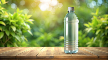 Water bottle on wooden table with green foliage and sunlight background