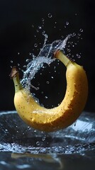 A banana in mid-air, surrounded by water splashes.