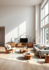 Scandinavian style living room with natural furniture in a home interior setting Empty room interior design architecture blank design room
