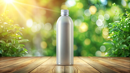 Silver Bottle on Wooden Table with Bokeh Background and Sunlight