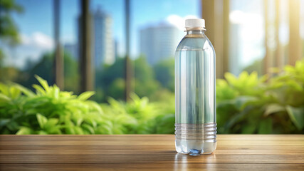 Clear Water Bottle on Wooden Table with City Park Background