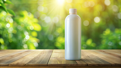 White Bottle on Wooden Table with Green Bokeh Background and Sunlight