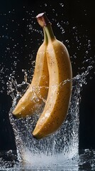 Two bananas in mid-air, surrounded by water splashes.
