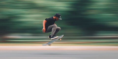 Motion blur photography of skateboarder jumping in urban park dynamic action scene vibrant environment