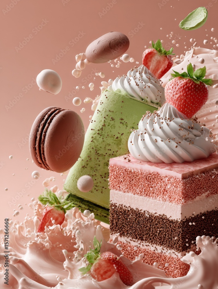 Poster an assortment of colorful layered cakes with strawberries whipped cream macarons and fruit slices in