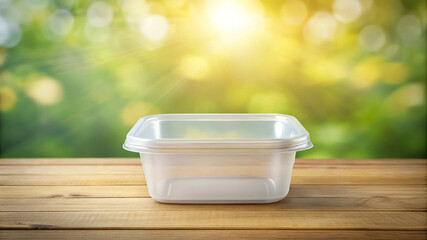Empty Plastic Food Container on Wooden Table with Bokeh Background