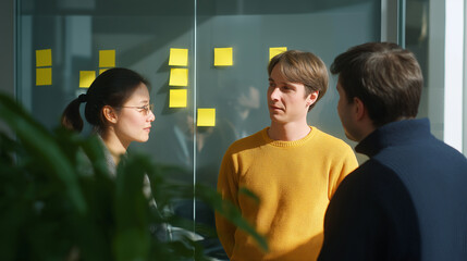 A diverse group of colleagues engages in a discussion in a modern office, with yellow sticky notes visible on a glass partition, suggesting a collaborative brainstorming session.