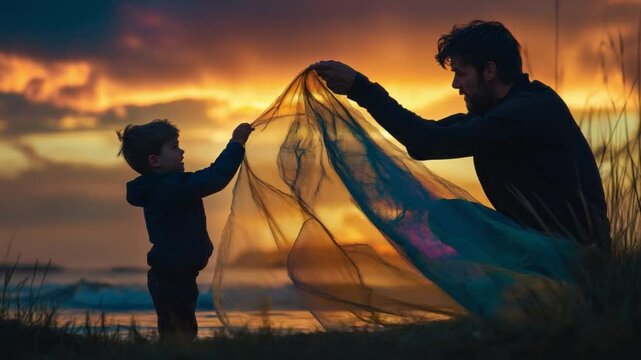 This footage captures the joyful interaction between a father and his son. Set against a stunning sunset. It highlights the beauty of family moments in nature. Generative AI