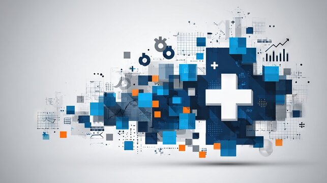 Abstract digital healthcare design with blue cross and geometric squares representing medical technology innovation and data analysis
