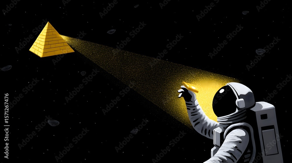 Poster astronaut exploring the secrets of a glowing pyramid in space