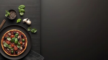 Top-down Food Images And Cooking Concept. Delicious pizza with fresh vegetables and herbs on a dark wooden background