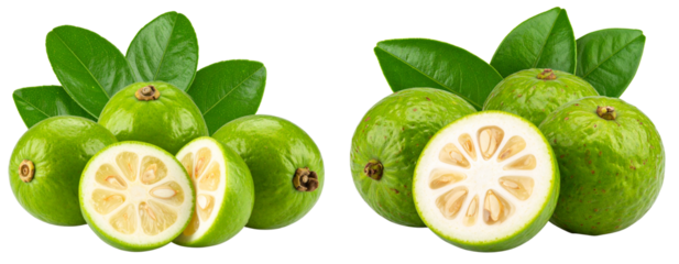 Fresh Whole and Halved Kulitis Calamansi Fruits with Leaves, Isolated on Transparent Background
