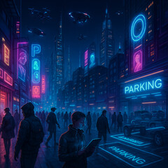 Naklejka premium Cyberpunk Cityscape at Night with Neon Lights and Flying Vehicles 