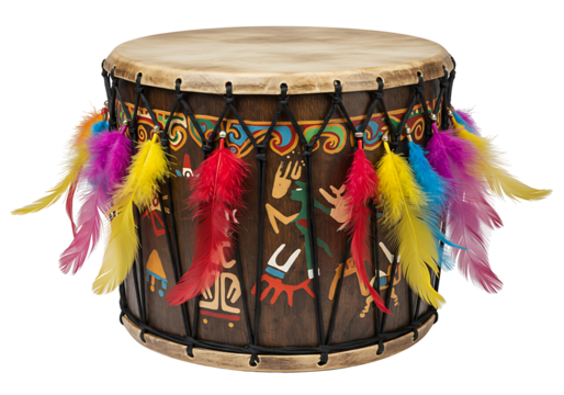 Wood drum featuring feathers adorned with tribal patterns set against a stark black background