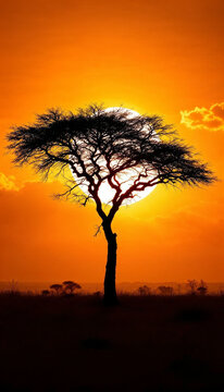 Silhouette of tree against large sun and orange sky with clouds in African landscape.