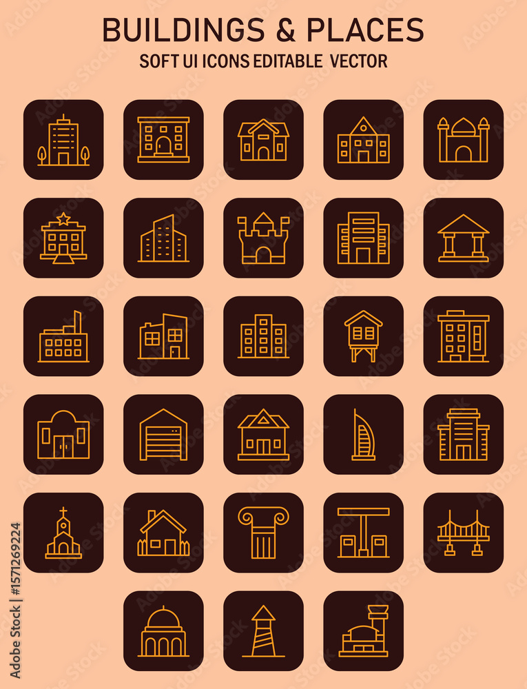 Poster diverse architectural icons set in minimal style, representing urban and global landmarks and struct