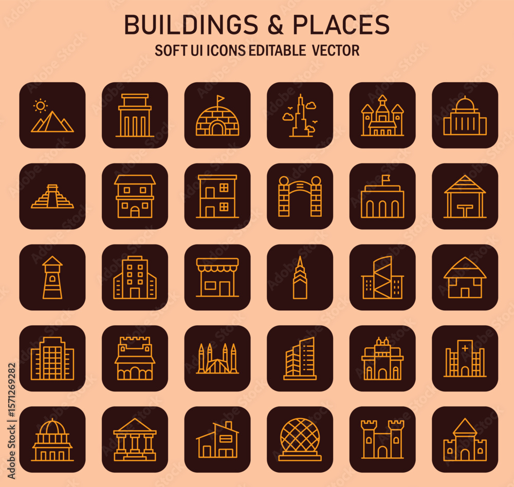 Poster diverse architectural icons showcasing global structures and landmarks in minimalist design and soft