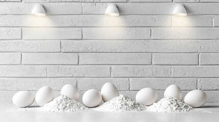 Top-down Food Images And Cooking Concept. White Eggs and Flour Piles on White Brick Wall with Modern Lighting in Soft Interior Setting