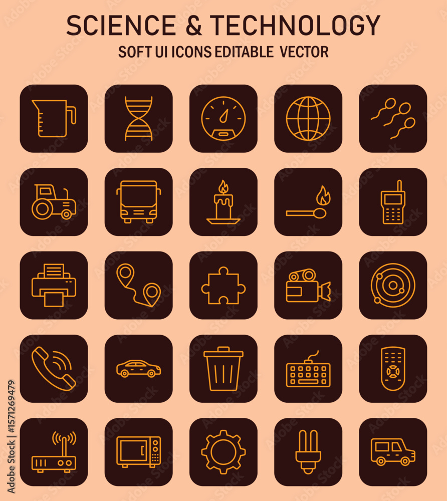 Poster Diverse science and technology icons representing innovation and progress through soft user interface elements
