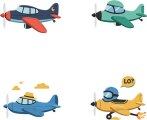 A fun and colorful set of cartoon airplanes, some with cute animal or character pilots. Perfect for children's illustrations, travel-themed designs,
