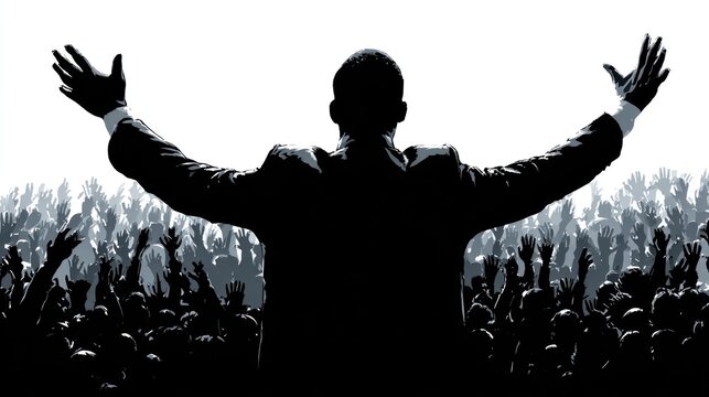 Silhouette of speaker with cheering crowd