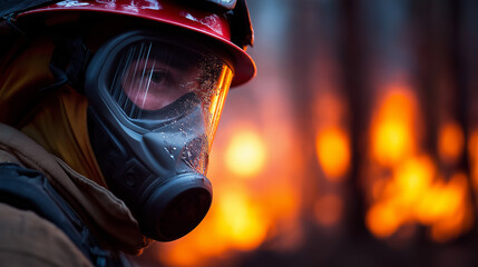 Fototapeta premium Feuerwehrmann mit Atemschutzmaske und Helm vor dramatischem Feuerhintergrund bei Löscheinsatz