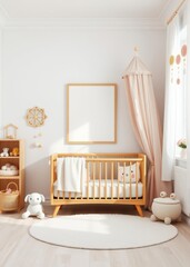 Charming baby girl nursery interior with a wooden crib play toys a canopy and cute wall decorations mockup poster frame on a white wall Empty room interior design Ultra realistic Photorealistic