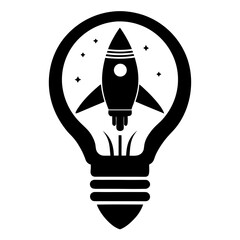 Black rocket ship launching inside a lightbulb spaceship