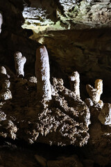 Stunning view of the New Athos stalactite cave in Abkhazia, Georgia. The limestone formations,...