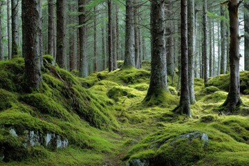 Fototapeta premium Panoramic view of green mossed Scottish highlands pine forest