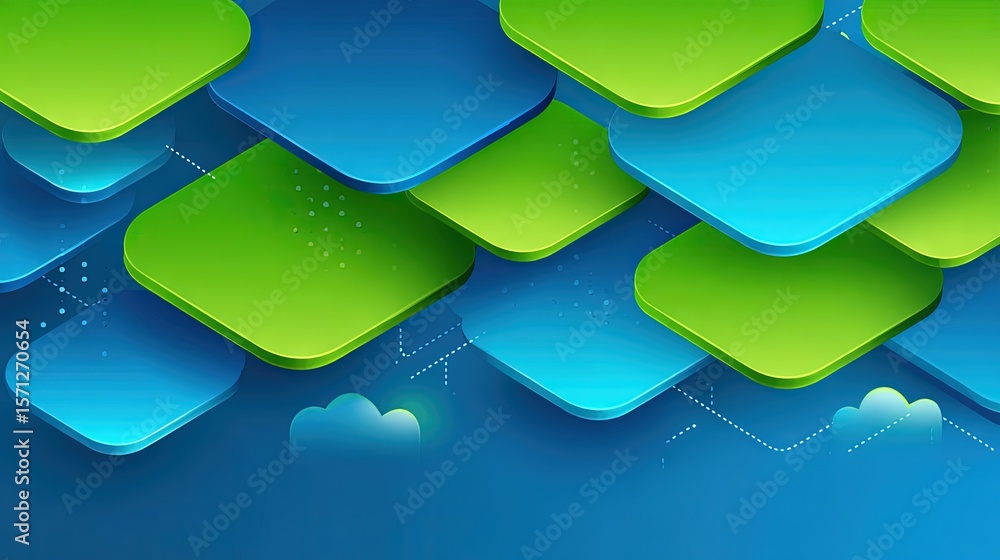 Aufkleber abstract layered green and blue squares with digital cloud elements representing technology data sto