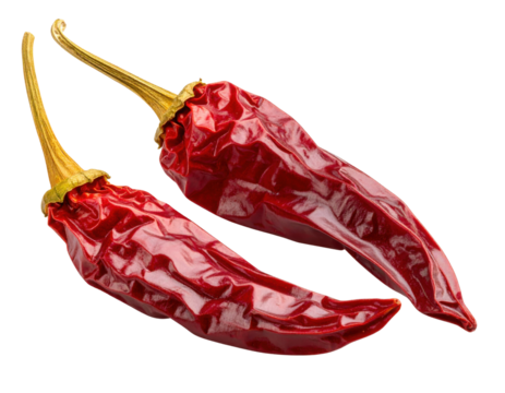 Two wrinkled dried red chili peppers with long stems, showcasing their deep red color and textured surface.