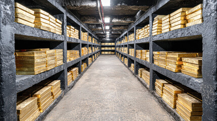 Vault room filled with stacks of gold bars neatly arranged on metal shelves under bright lighting.