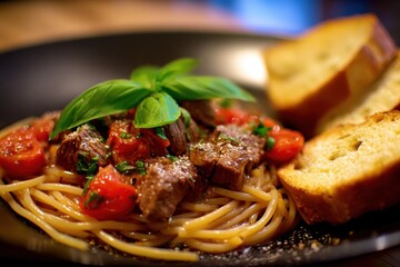 Fototapeta premium Pasta with garlic oil bread and beef