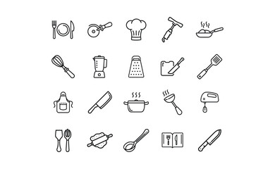 Obraz premium Kitchen Utensils and Cooking Tools Line Art Icon Set.