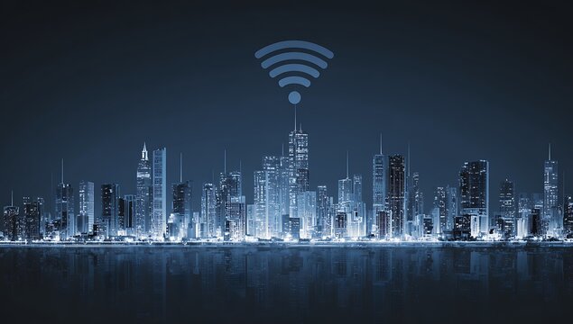 High quality photo of connected cityscape with wireless signal symbol overlooking water reflection at night.