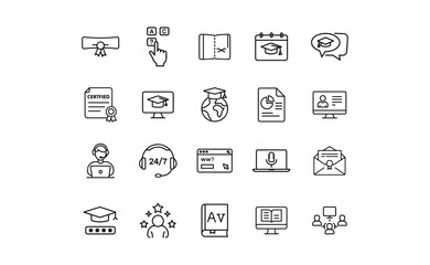 Online Education Icons: Diploma Hand Book Calendar Speech Bubble Certificate Monitor Globe.