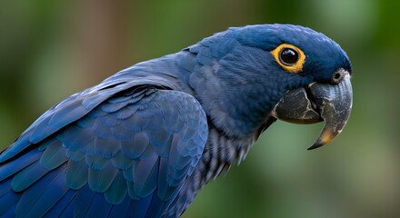 A vibrant blue macaw perched on a tropical branch, with detailed feathers in vivid shades of blue and green, a shiny curved beak, and an alert gaze. Realistic nature photography with a softly blurred 