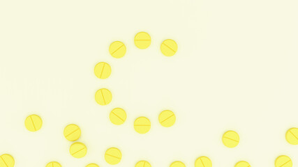 Vitamin C 3D render Supplement, Letter C Formed from Yellow Pills health technology innovation concept