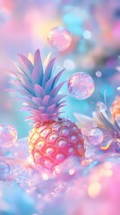 Pastel pineapple with iridescent bubbles in a dreamy, ethereal setting.
