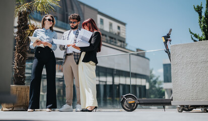 Three business professionals review and discuss documents under a bright, sunny sky.