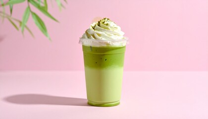 Aesthetic Iced Matcha Coffee Latte in Clear Cup with Pink-Green Milk Layers and Whipped Cream, Set Against a Pastel Pink Background with Soft Shadows and Minimal Styling