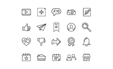 Collection of Simple Black and White Outline Icons for Web Design.
