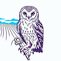 Wise Owl Perched on Fence Post, Rural Landscape