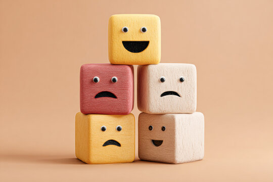 Five wooden blocks with different painted facial expressions stacked in a pyramid on a beige background.