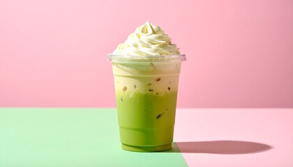 Aesthetic Iced Matcha Coffee Latte in Clear Cup with Pink-Green Milk Layers and Whipped Cream, Set Against a Pastel Pink Background with Soft Shadows and Minimal Styling