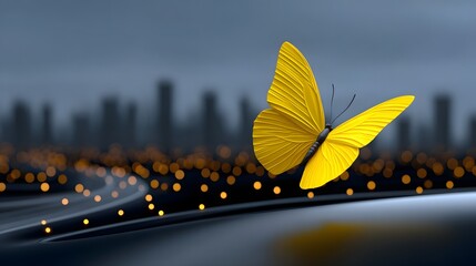 Vibrant yellow butterfly against a serene evening landscape