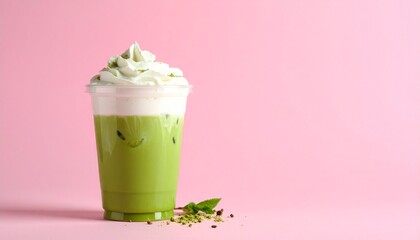 Aesthetic Iced Matcha Coffee Latte in Clear Cup with Pink-Green Milk Layers and Whipped Cream, Set Against a Pastel Pink Background with Soft Shadows and Minimal Styling