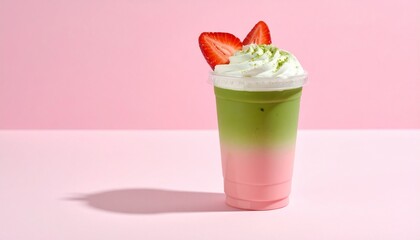 Aesthetic Iced Matcha Strawberry Latte in Clear Cup with Distinct Pink-Green Milk Layers and Whipped Cream, Set Against a Pastel Pink Background with Soft Shadows and Minimal Styling